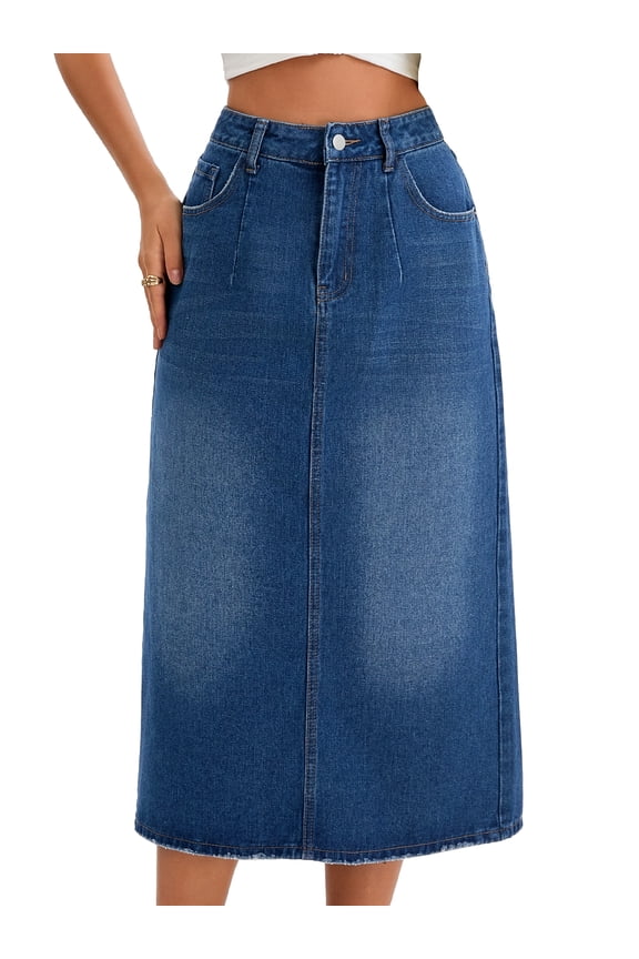 Women's Denim Split Back Pockets Pencil Midi Jean Skirts Small Dark Blue