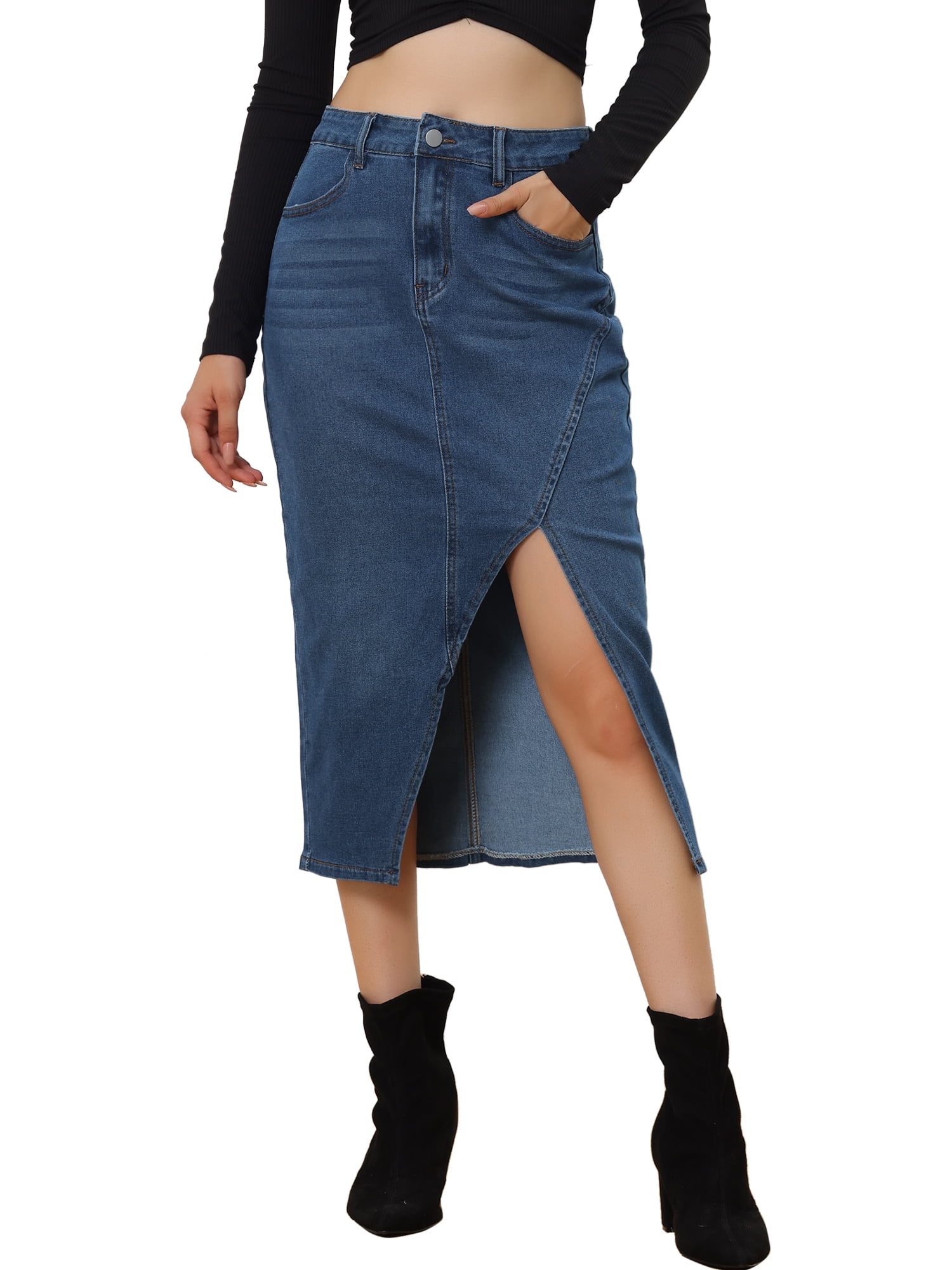 DARING DIVA Women's Casual Denim Split Front Side Pockets Midi Jean Skirts S Blue