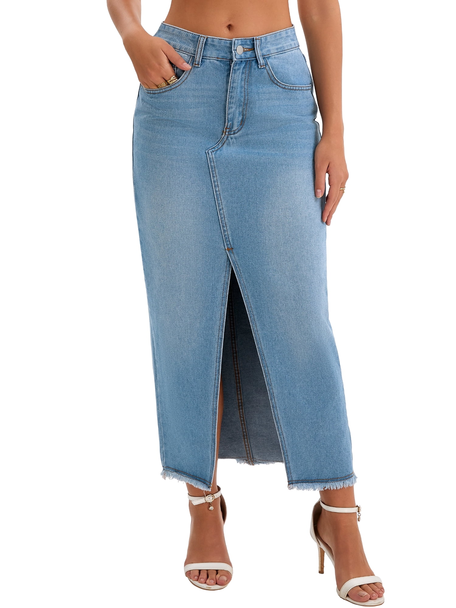 DARING DIVA Women's Denim Split Front Raw Hem Washed Maxi Jean Skirts XX-Large Light Blue