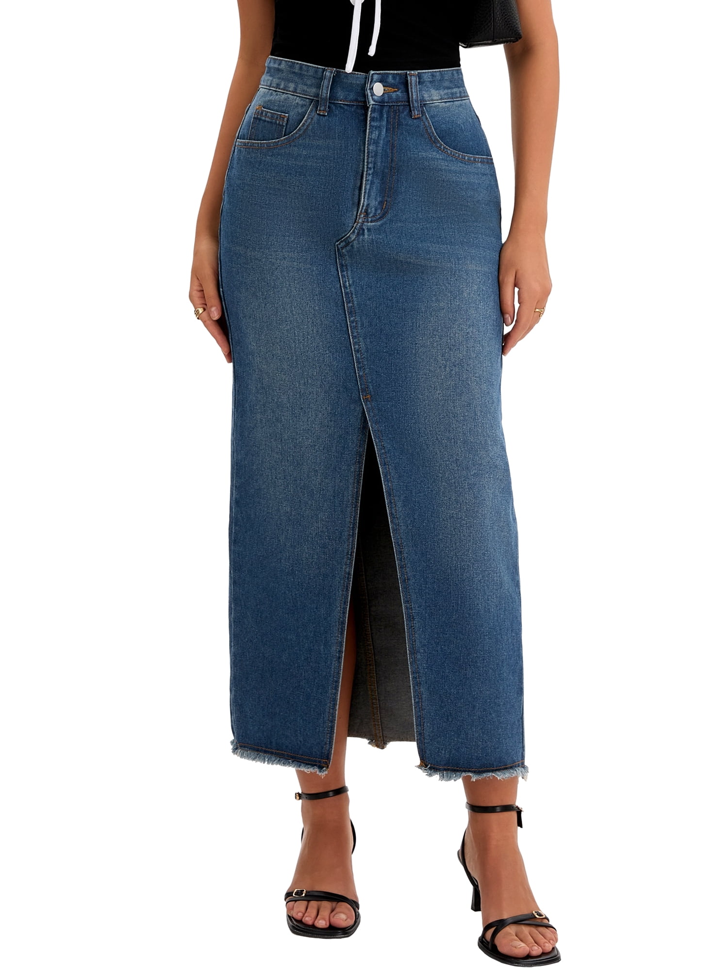 DARING DIVA Women's Denim Split Front Raw Hem Washed Maxi Jean Skirts XX-Large Retro Blue