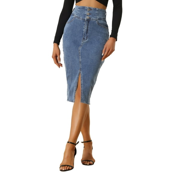 DARING DIVA Women's Denim Split Hem Pencil Jean Midi Skirts XS Blue