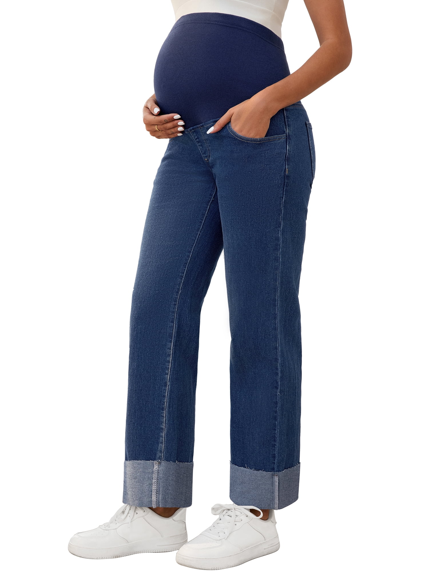 DARING DIVA Women's Maternity Cuffed High Stretchy Over the Belly Pants L Deep Blue