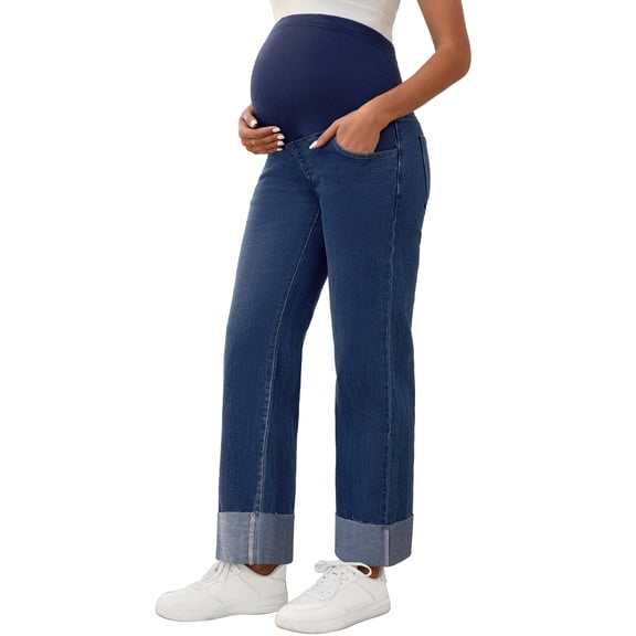 DARING DIVA Women's Denim Straight Leg Over the Belly Maternity Jeans L Dark Blue