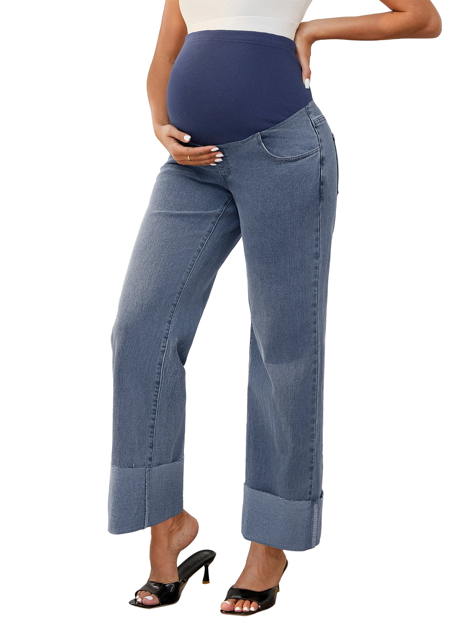 DARING DIVA Women's Maternity Cuffed High Stretchy Over the Belly Pants XXL Retro Blue