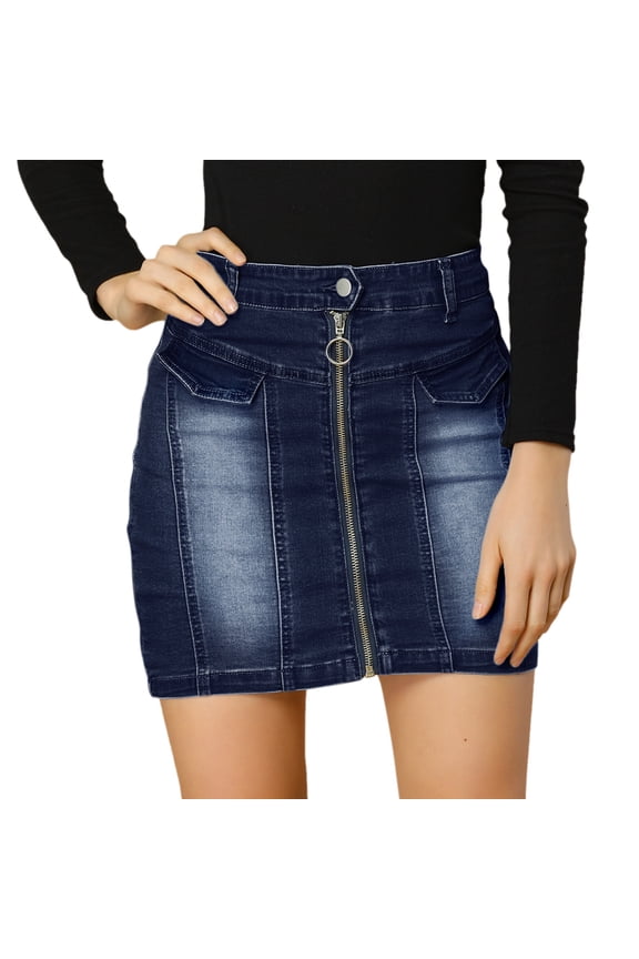 Women's Denim Stretchy Zipper Front Bodycon Jean Skirt M Dark Blue