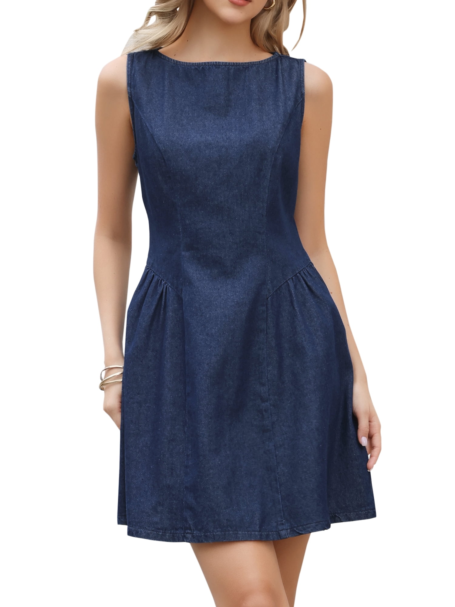 DARING DIVA Women's Denim Tank Dress Boat Neck Sleeveless Cute Mini Dress M Dark Blue