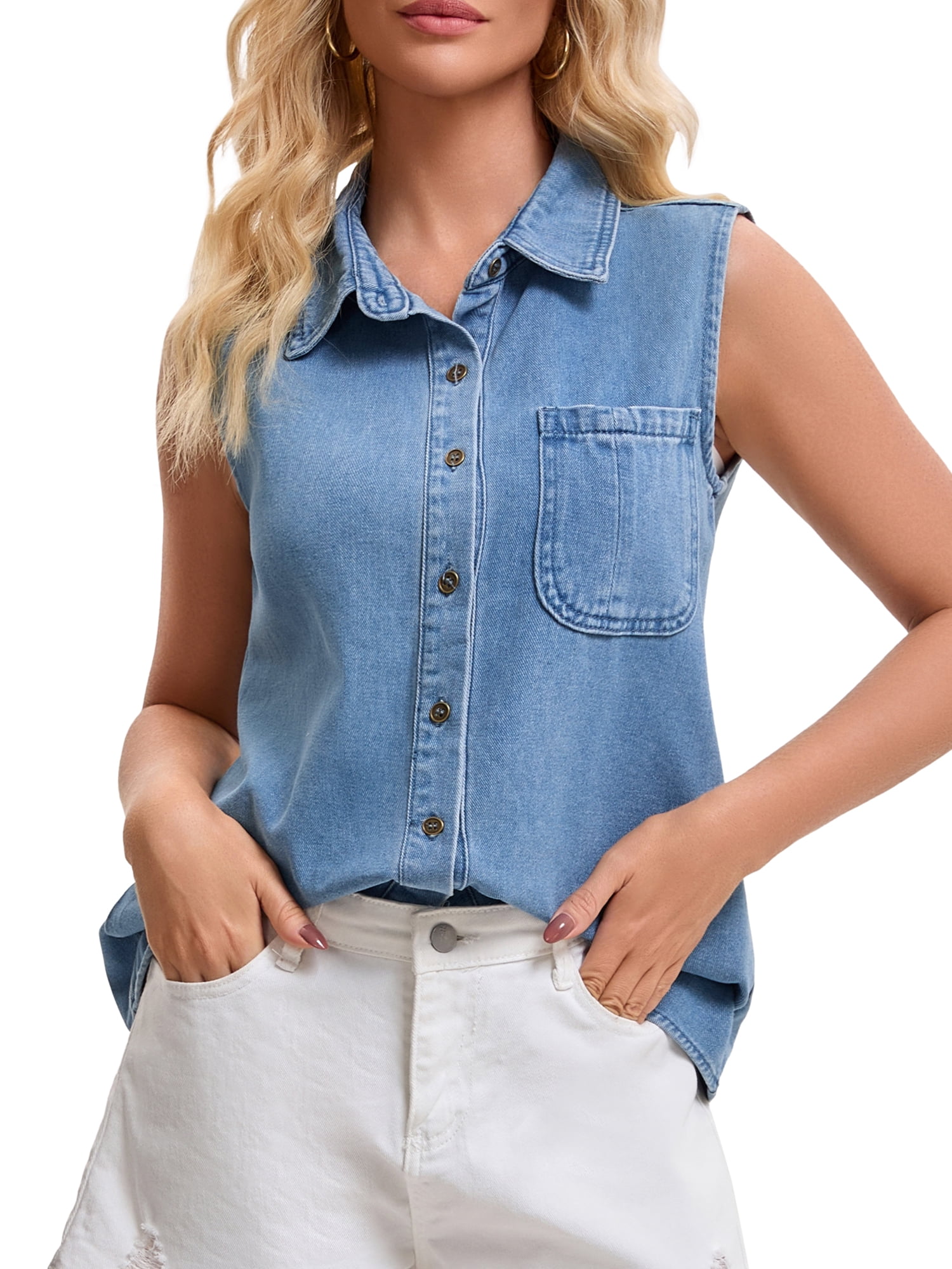 DARING DIVA Women's Denim Tank Sleeveless Button Down Collared Jean Shirt 2XL Sky Blue