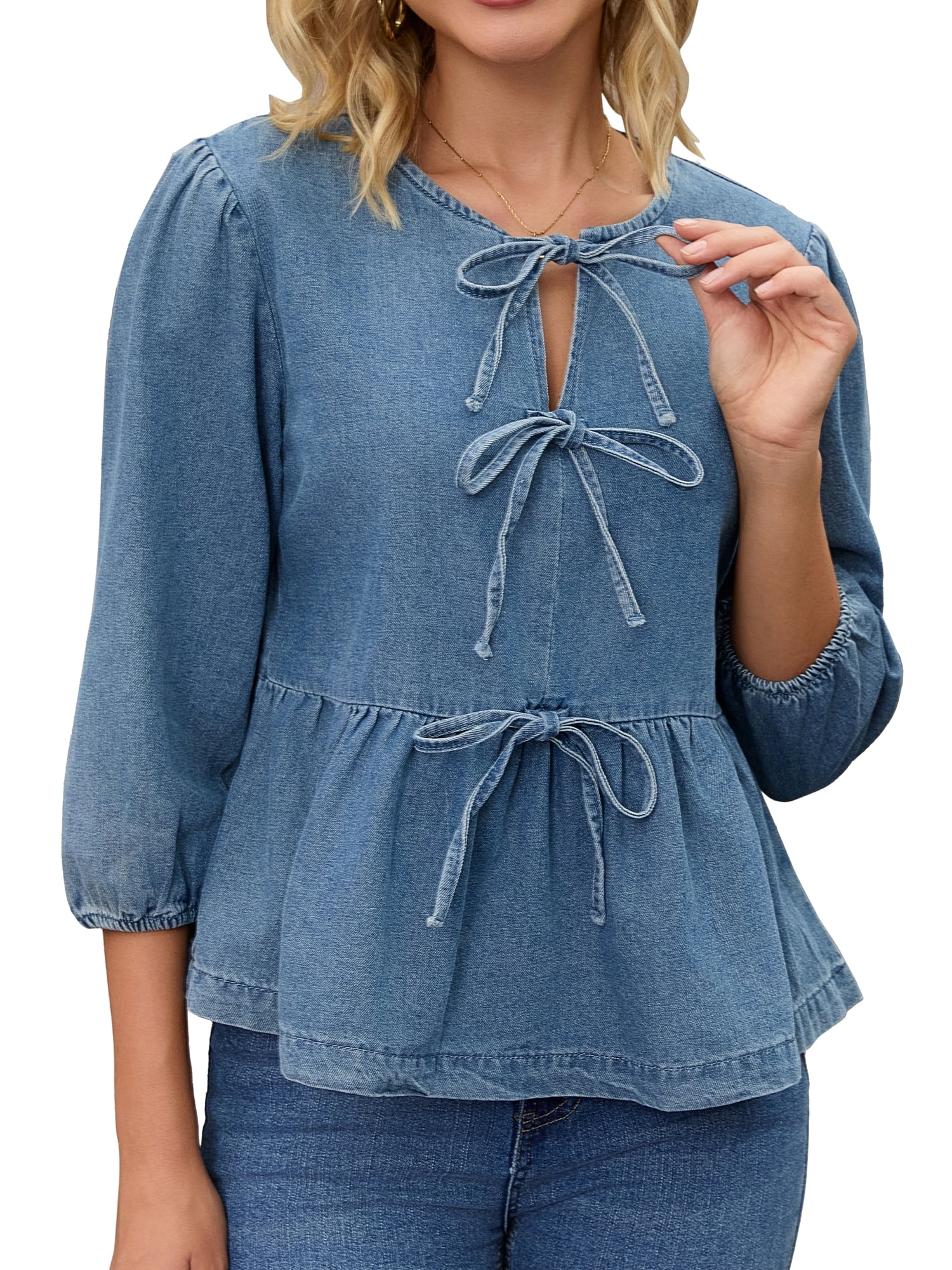 DARING DIVA Women's Denim Tie Front Puff Sleeve Ruffle Hem Peplum Blouses 2XL Blue