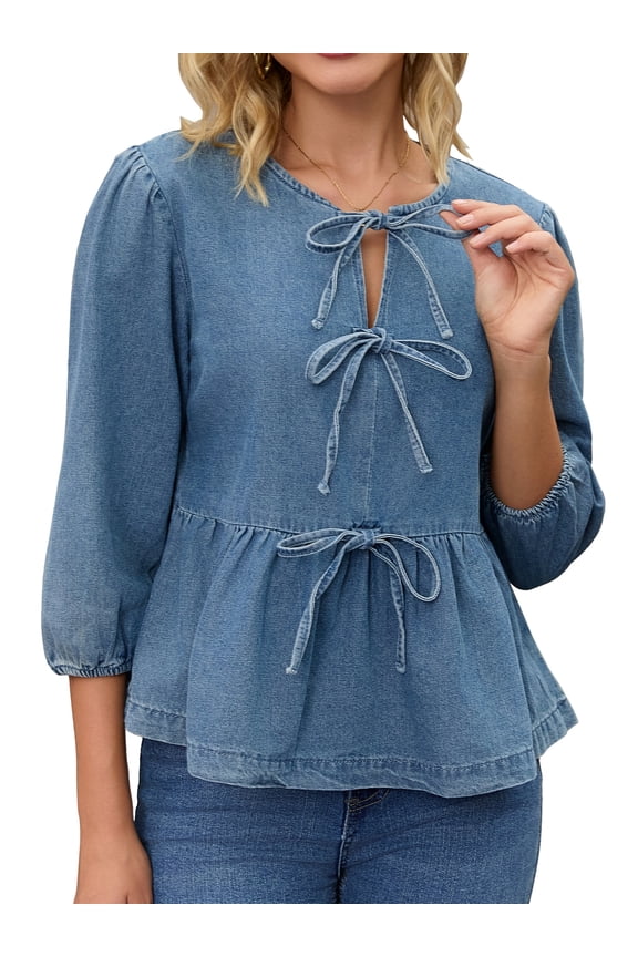 Women's Denim Tie Front Puff Sleeve Ruffle Hem Peplum Blouses M Blue