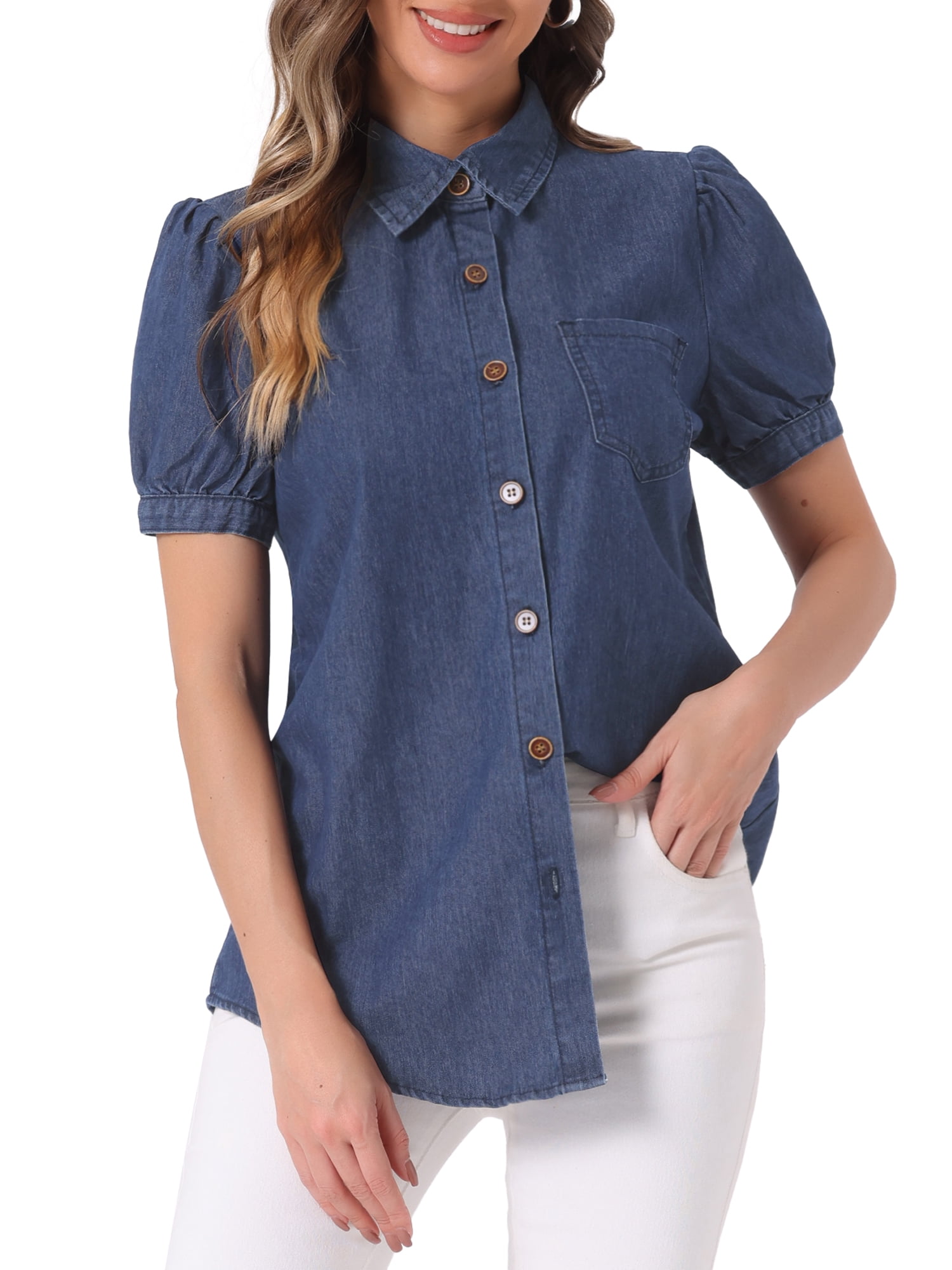 DARING DIVA Women's Denim Short Puff Sleeve Spread Collared Button Up Shirt L Deep Blue