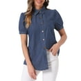 thumbnail image 1 of DARING DIVA Women's Denim Tops Short Puff Sleeve Collared Button Up Shirt S Deep Blue, 1 of 6
