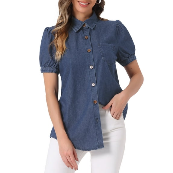 DARING DIVA Women's Denim Tops Short Puff Sleeve Collared Button Up Shirt S Deep Blue