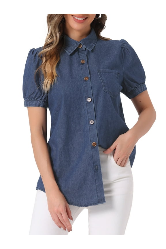 Women's Denim Tops Short Puff Sleeve Collared Button Up Shirt S Deep Blue
