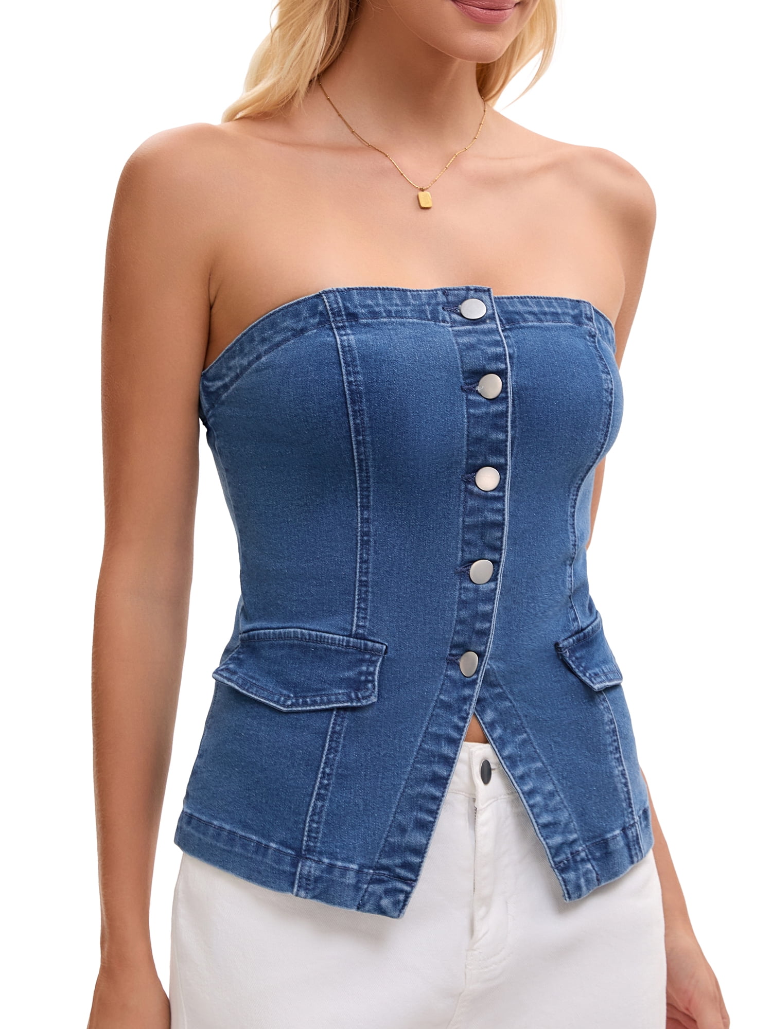 DARING DIVA Women's Denim Tube Tops Button Front Elastic Back Crop Strapless 2XL Blue