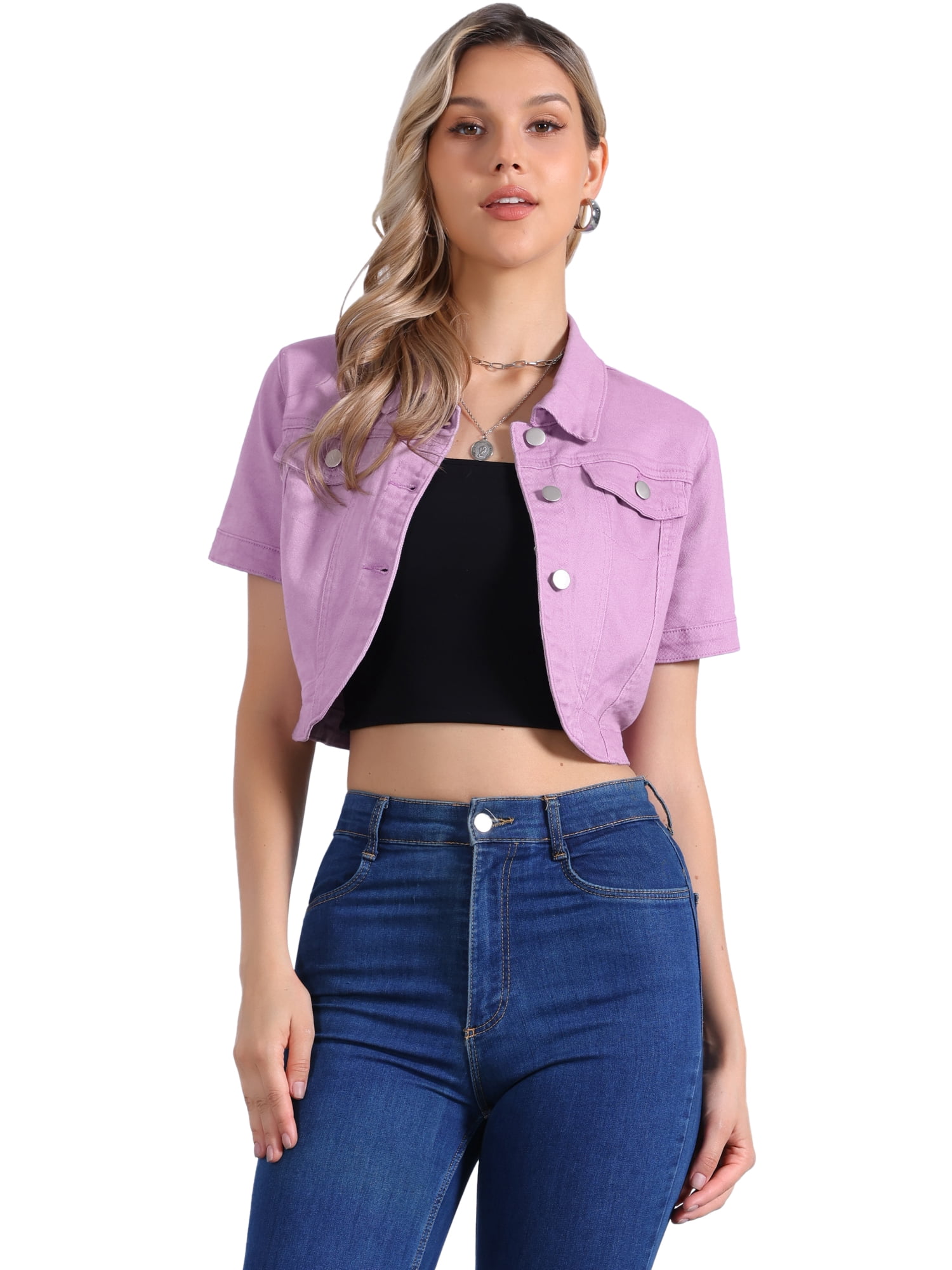 DARING DIVA Women's Denim Turndown Collar Short Sleeves Crop Jean Jackets L Purple