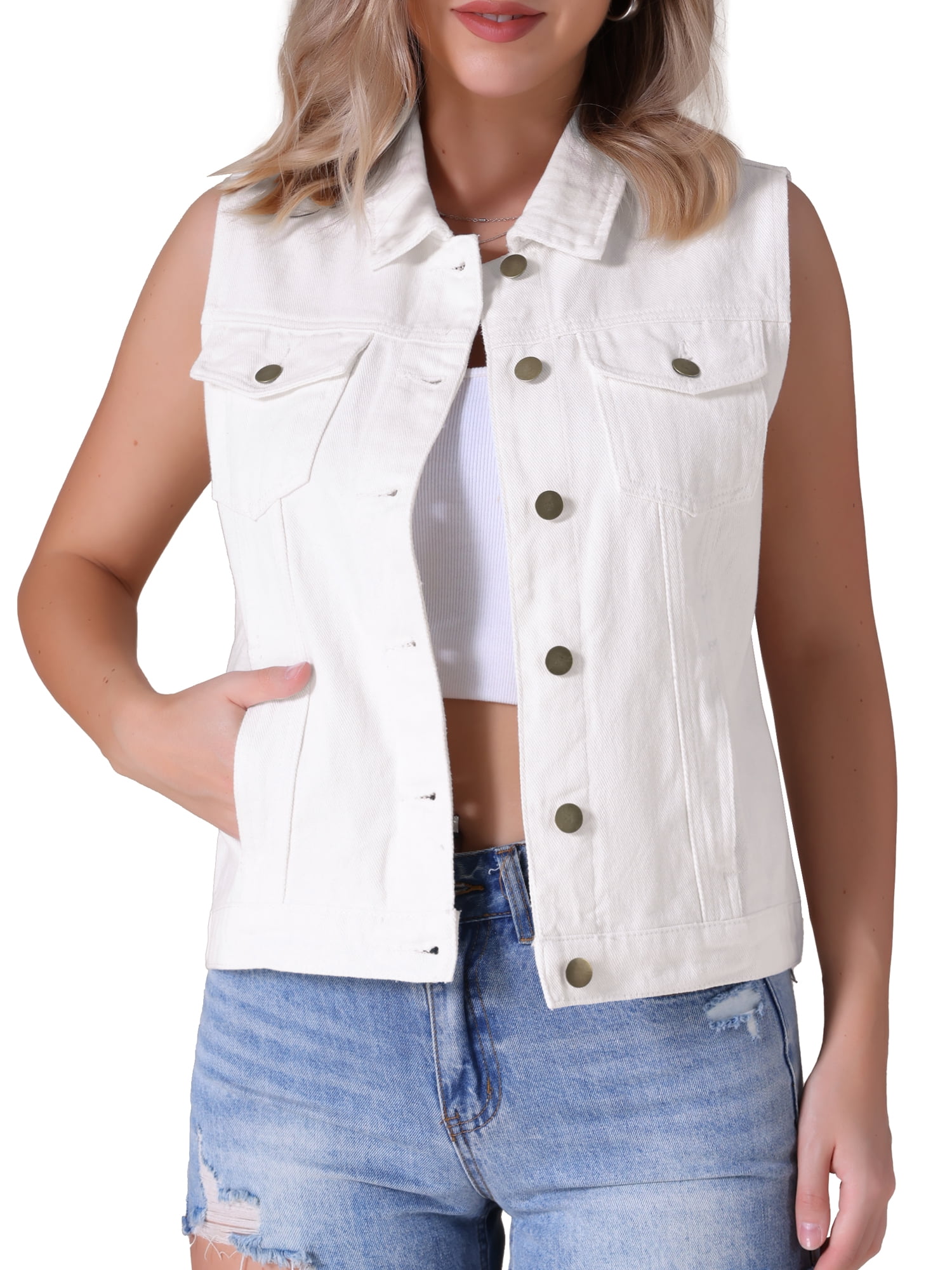 DARING DIVA Womens Denim Vest Button Down Jacket Sleeveless Jean Jacket M White