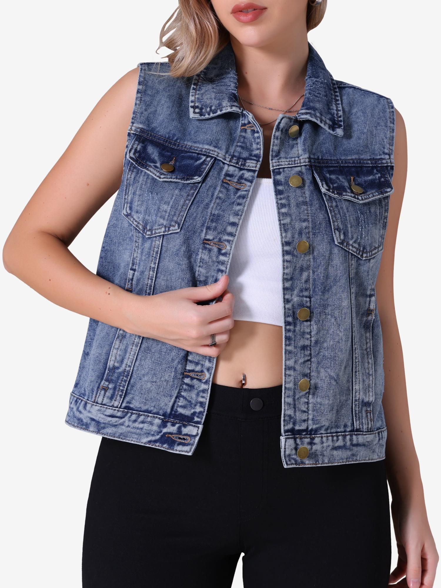 DARING DIVA Womens Denim Vest Button Down Jacket Sleeveless Jean Jacket S Gray Blue