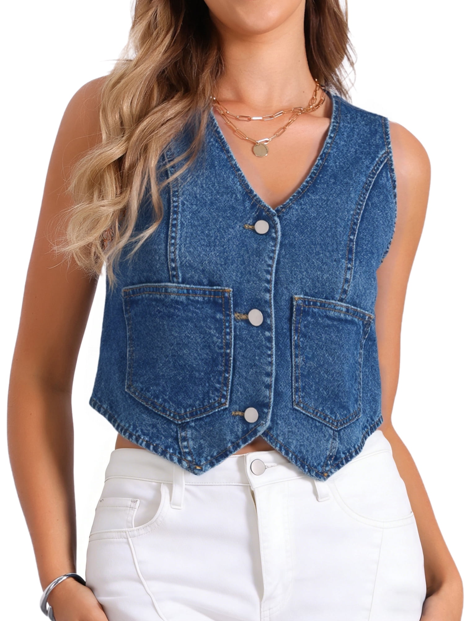 DARING DIVA Women's Denim Vest Sleeveless Button Down Cropped Waistcoat L Blue