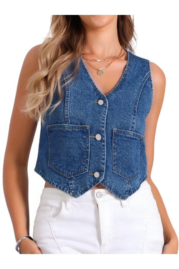 Women's Denim Vest Sleeveless Button Down Cropped Waistcoat L Blue