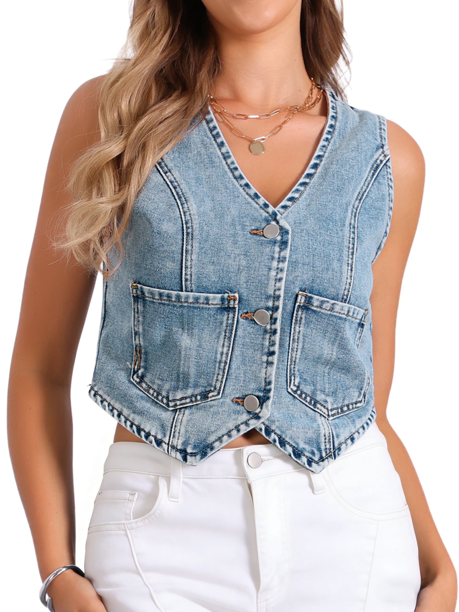 DARING DIVA Women's Denim Vest Sleeveless Button Down Cropped Waistcoat M Gray Blue