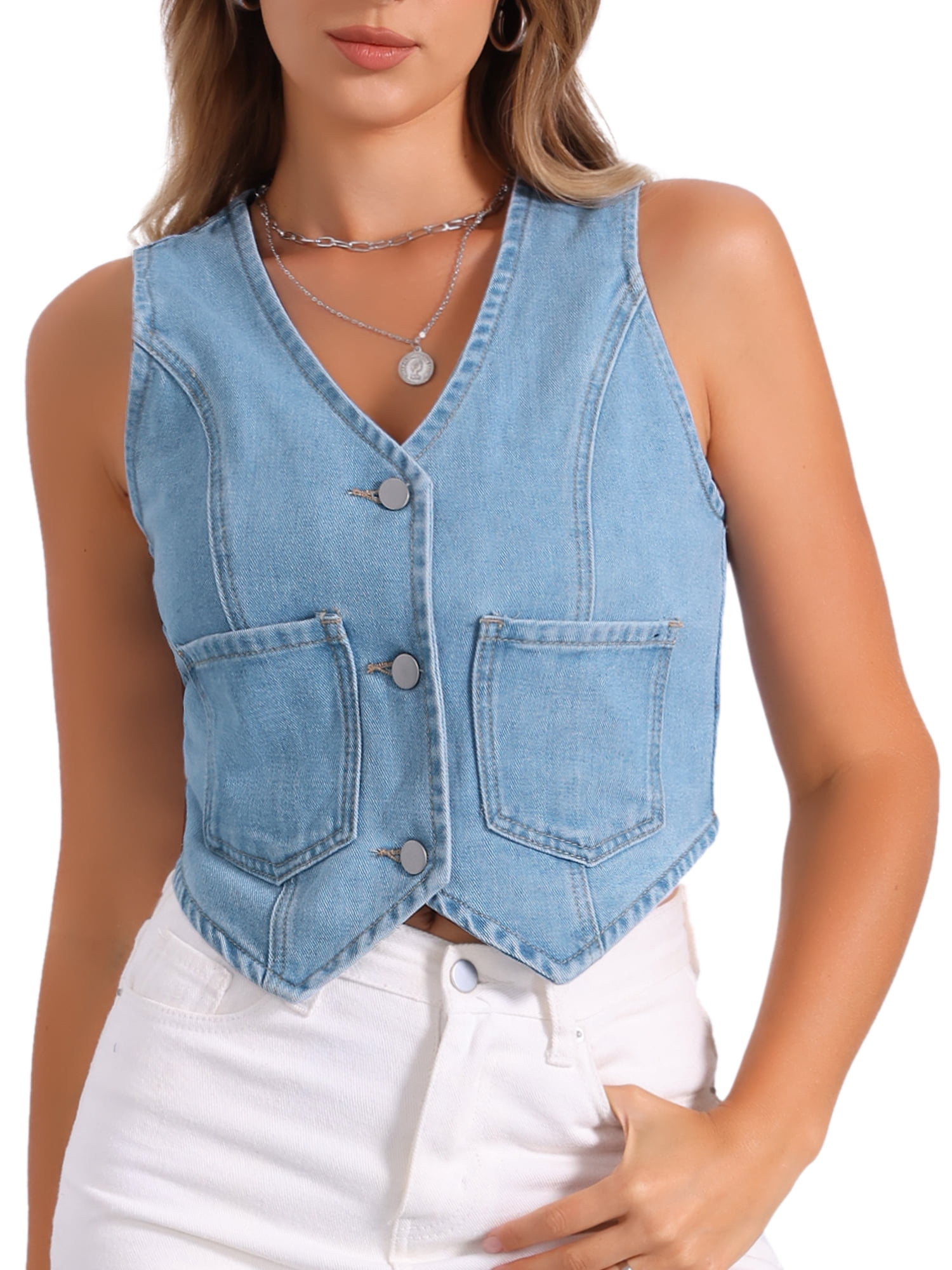 DARING DIVA Women's Denim Vest Sleeveless Button Down Cropped Waistcoat XS Light Blue