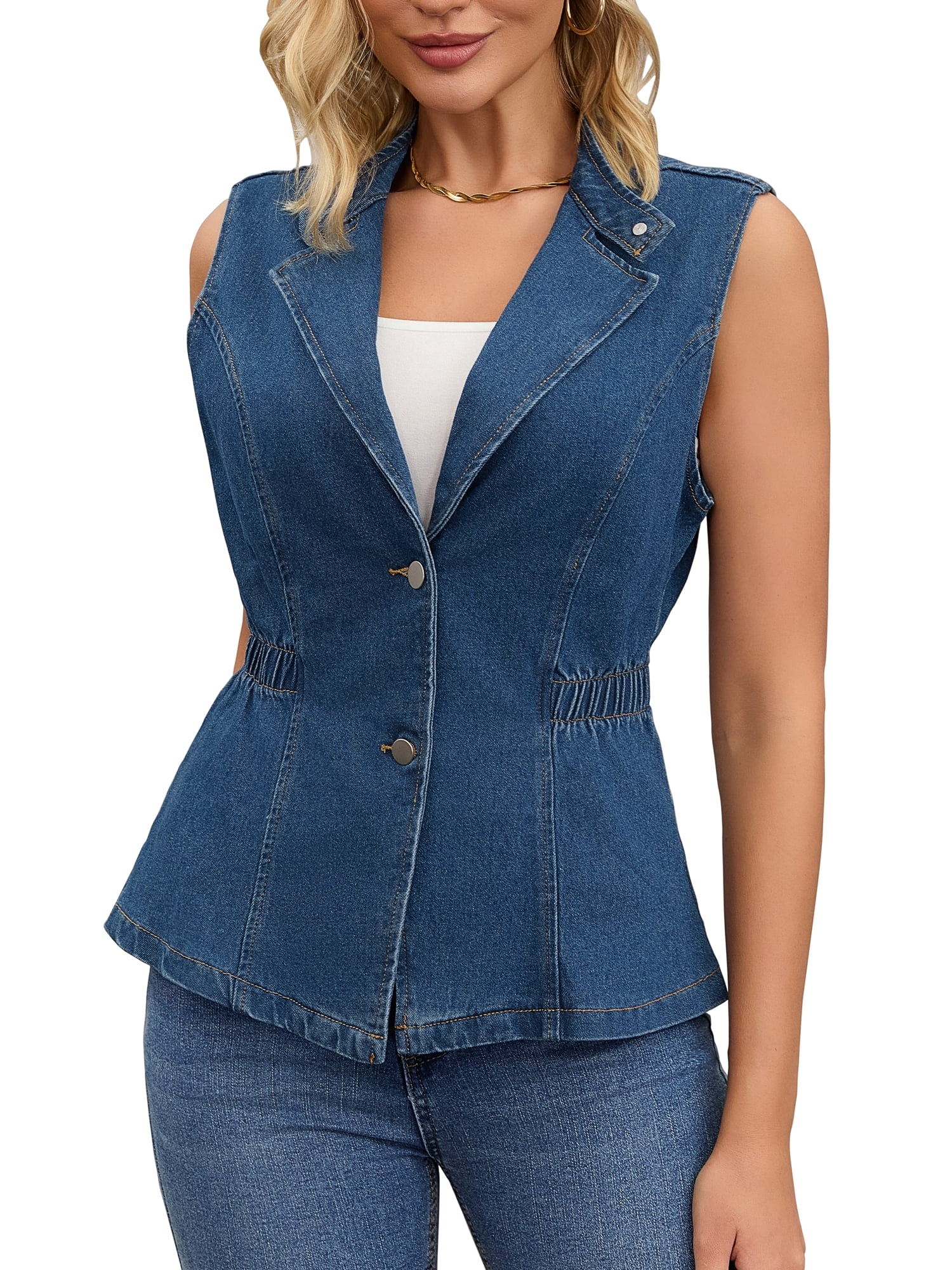DARING DIVA Women's Button Down V Neck Elastic Waist Sleeveless Waistcoat S Dark Blue
