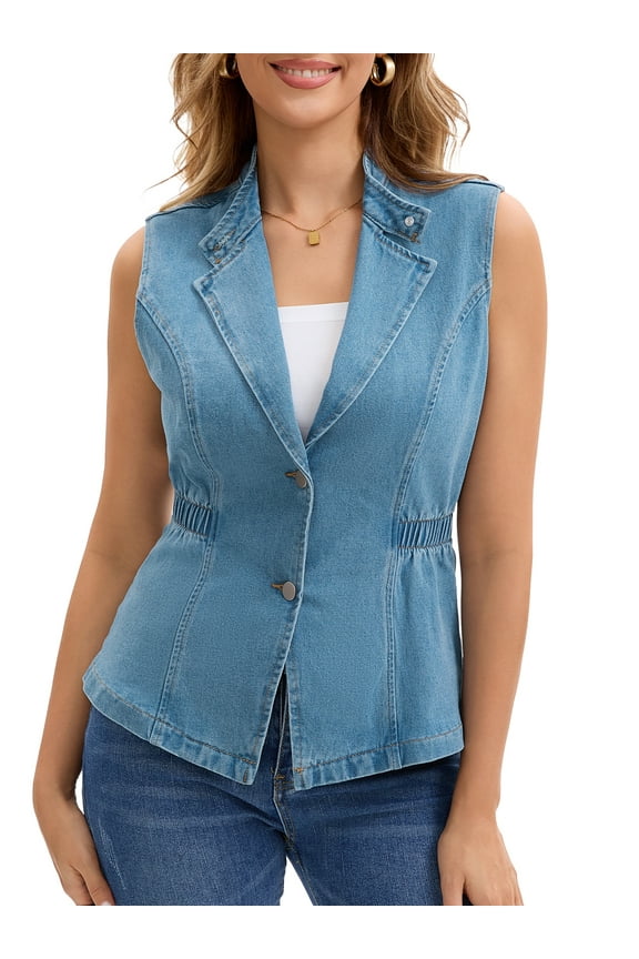 Women's Denim Vest Elastic Waist Waistcoat Jean Jacket S Light Blue