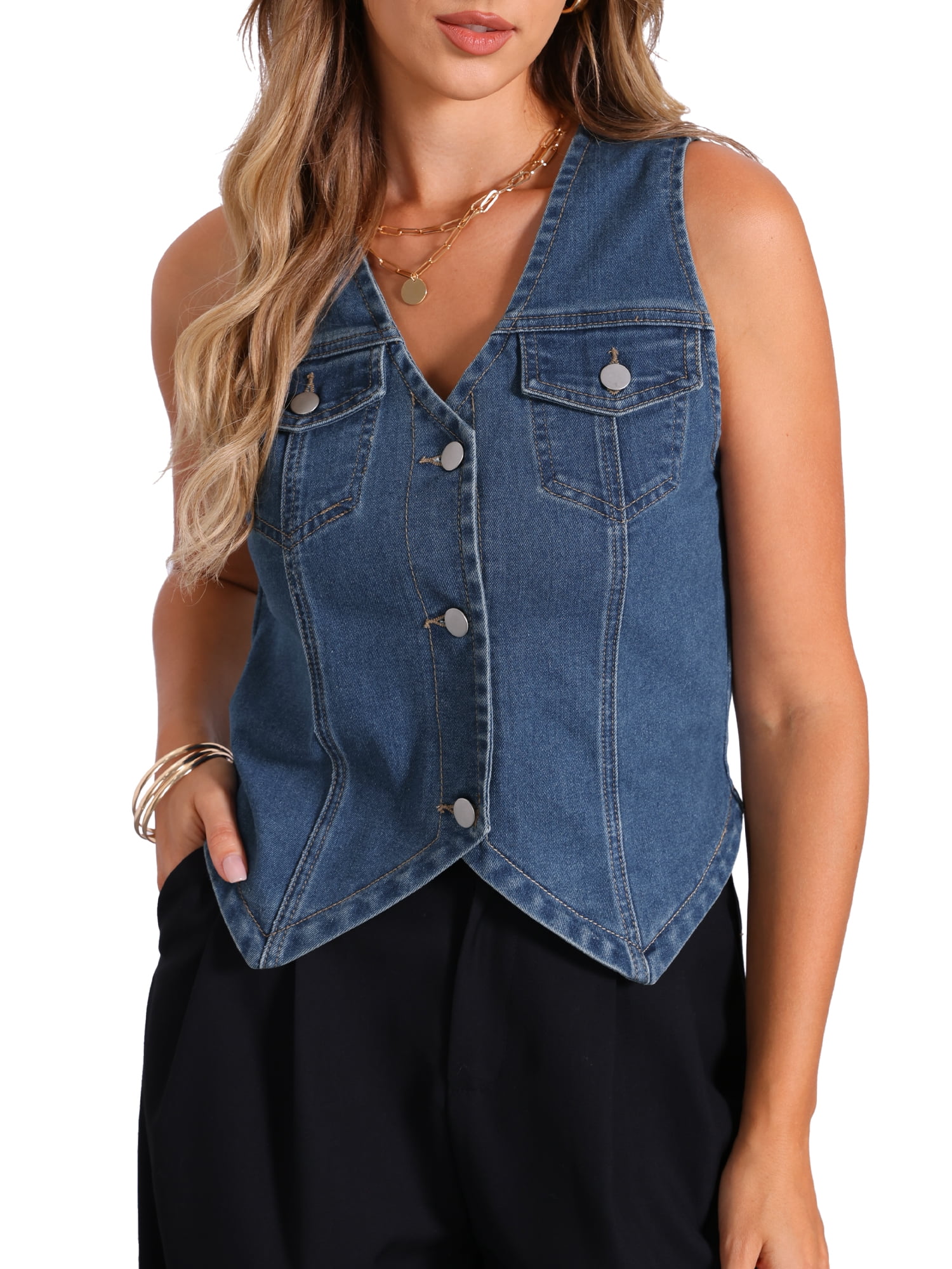 DARING DIVA Women's Denim Vest Jacket Sleeveless Jean with Pockets Top — free download