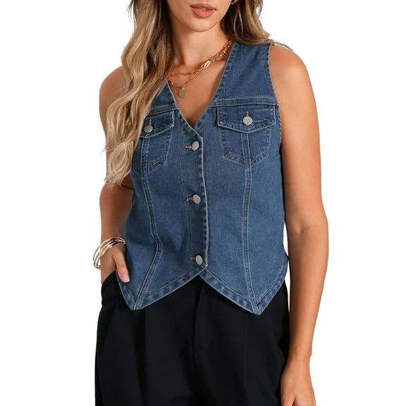 DARING DIVA Women's Denim Vest Jacket Sleeveless Jean with Pockets Top XS Blue