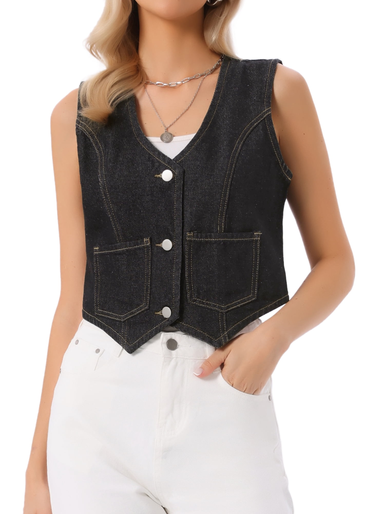 DARING DIVA Women's Denim Vest Sleeveless Button Down Cropped Waistcoat L Black