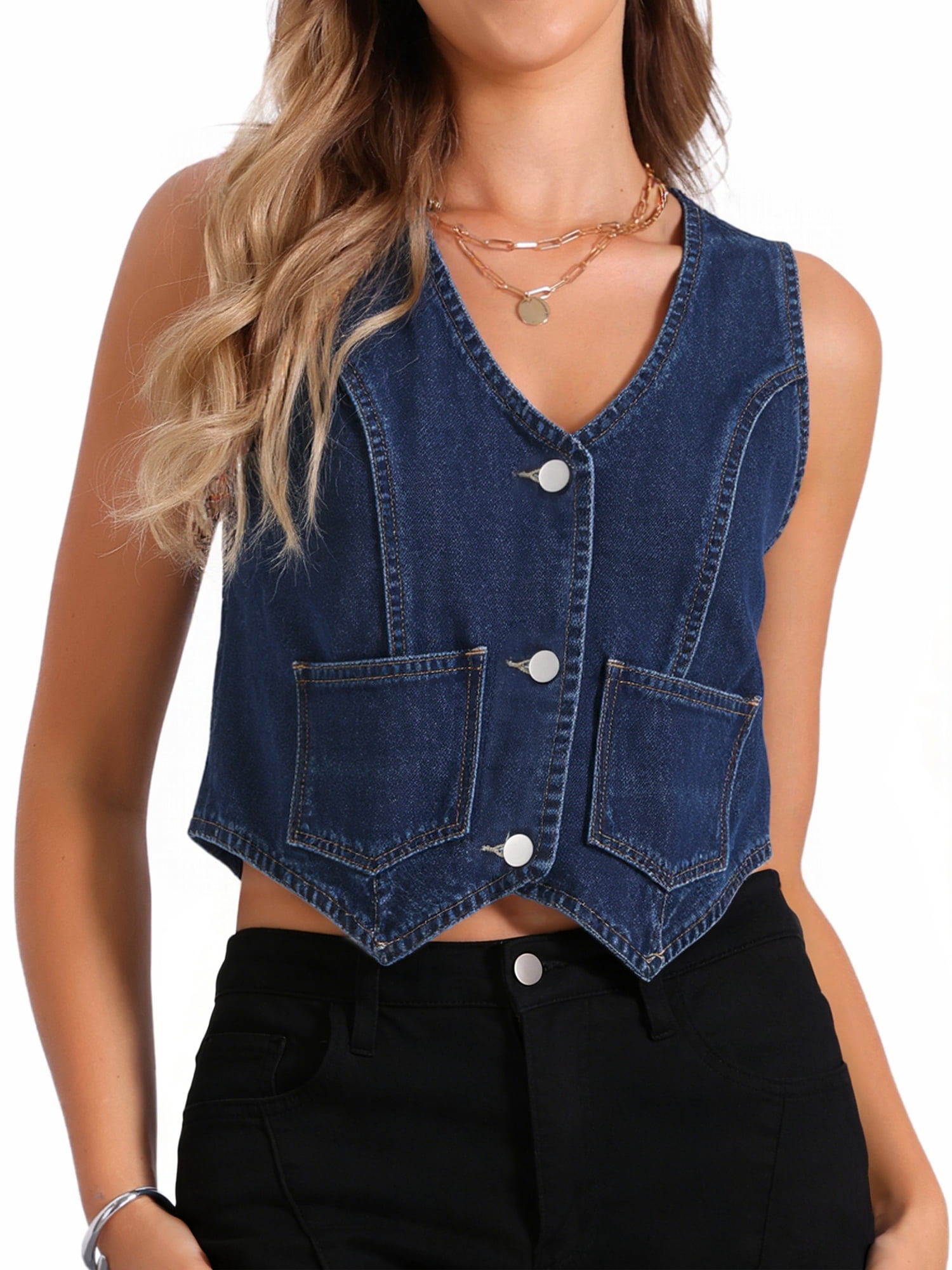 DARING DIVA Women's Denim Vest Sleeveless Button Down Cropped Waistcoat XL Dark Blue