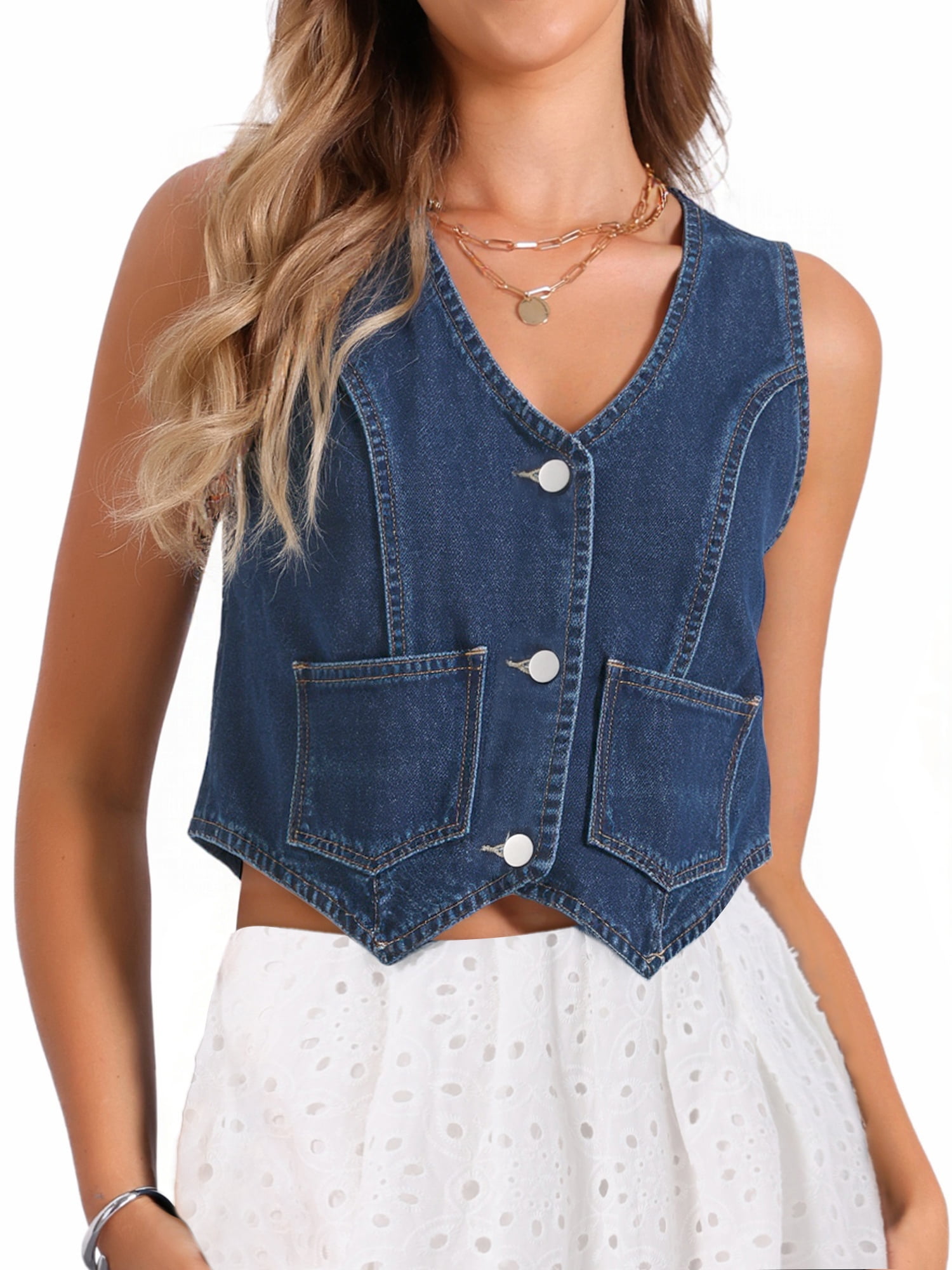 DARING DIVA Women's Denim Vest Sleeveless Button Down Cropped Waistcoat XS Vintage Blue