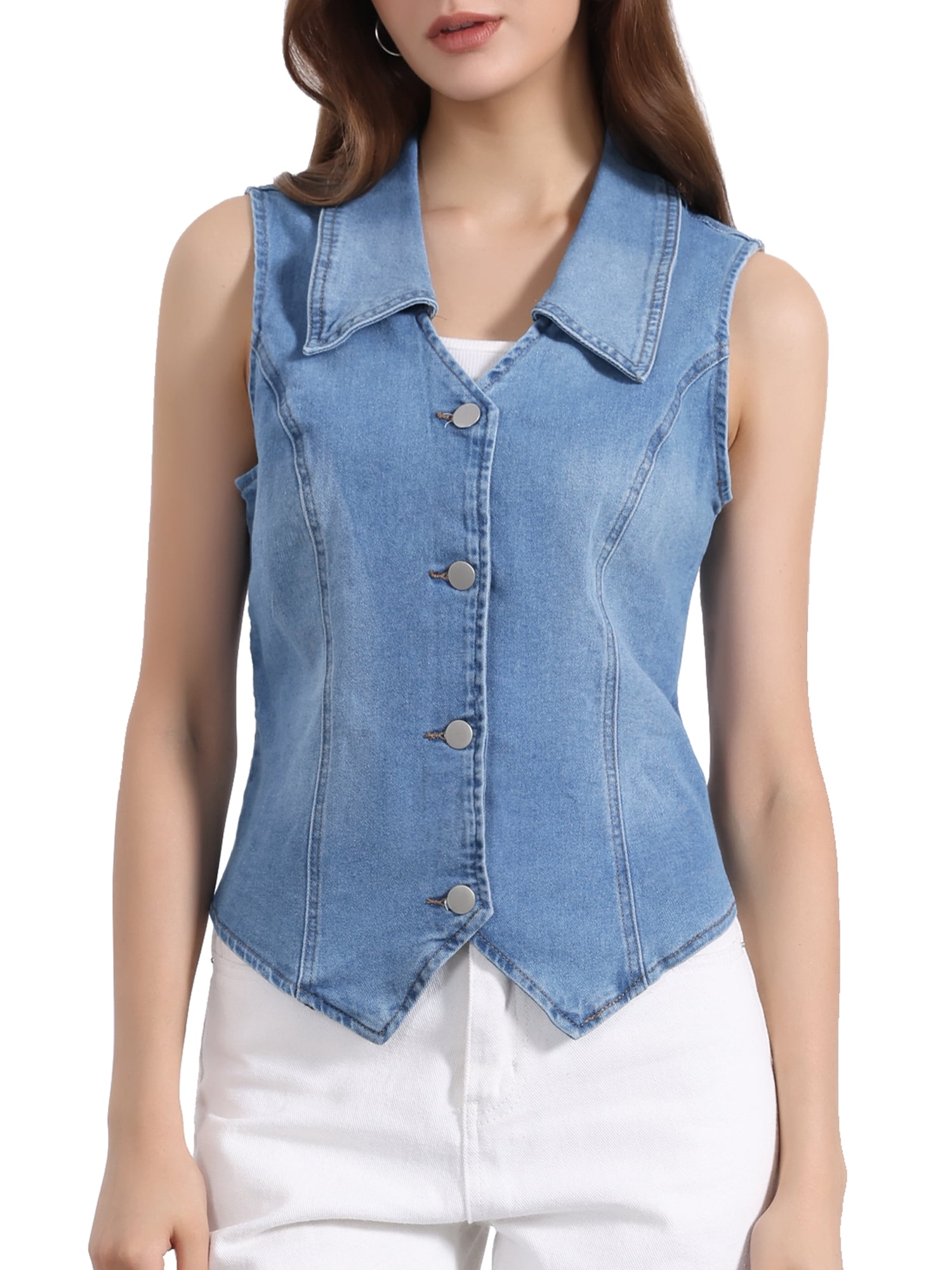 DARING DIVA Women's Denim Vest Sleeveless Jean Jacket Tops Button Down Waistcoat L Blue