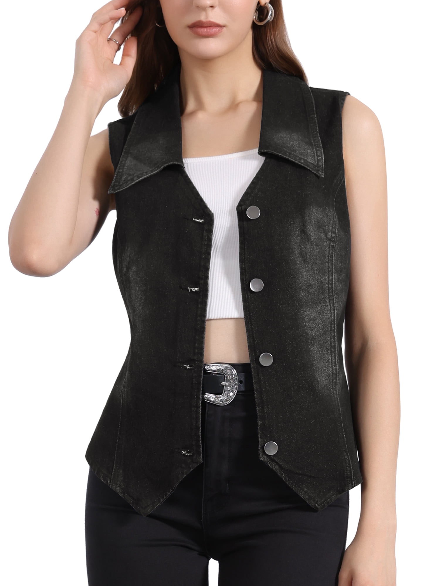 DARING DIVA Women's Denim Vest Sleeveless Jean Jacket Tops Button Down Waistcoat XS Black