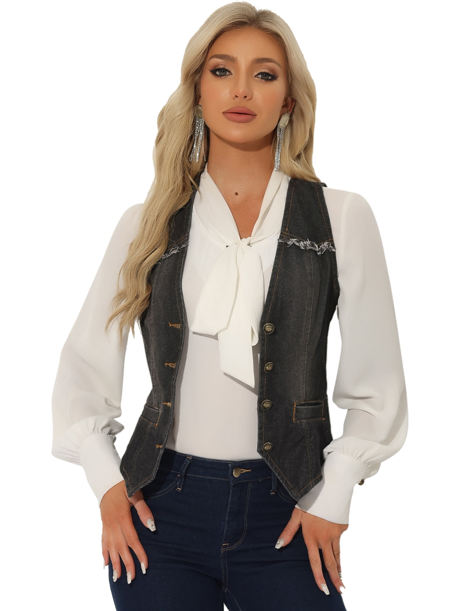 DARING DIVA Women's Denim Vest Washed Distressed Jean Jacket L Black