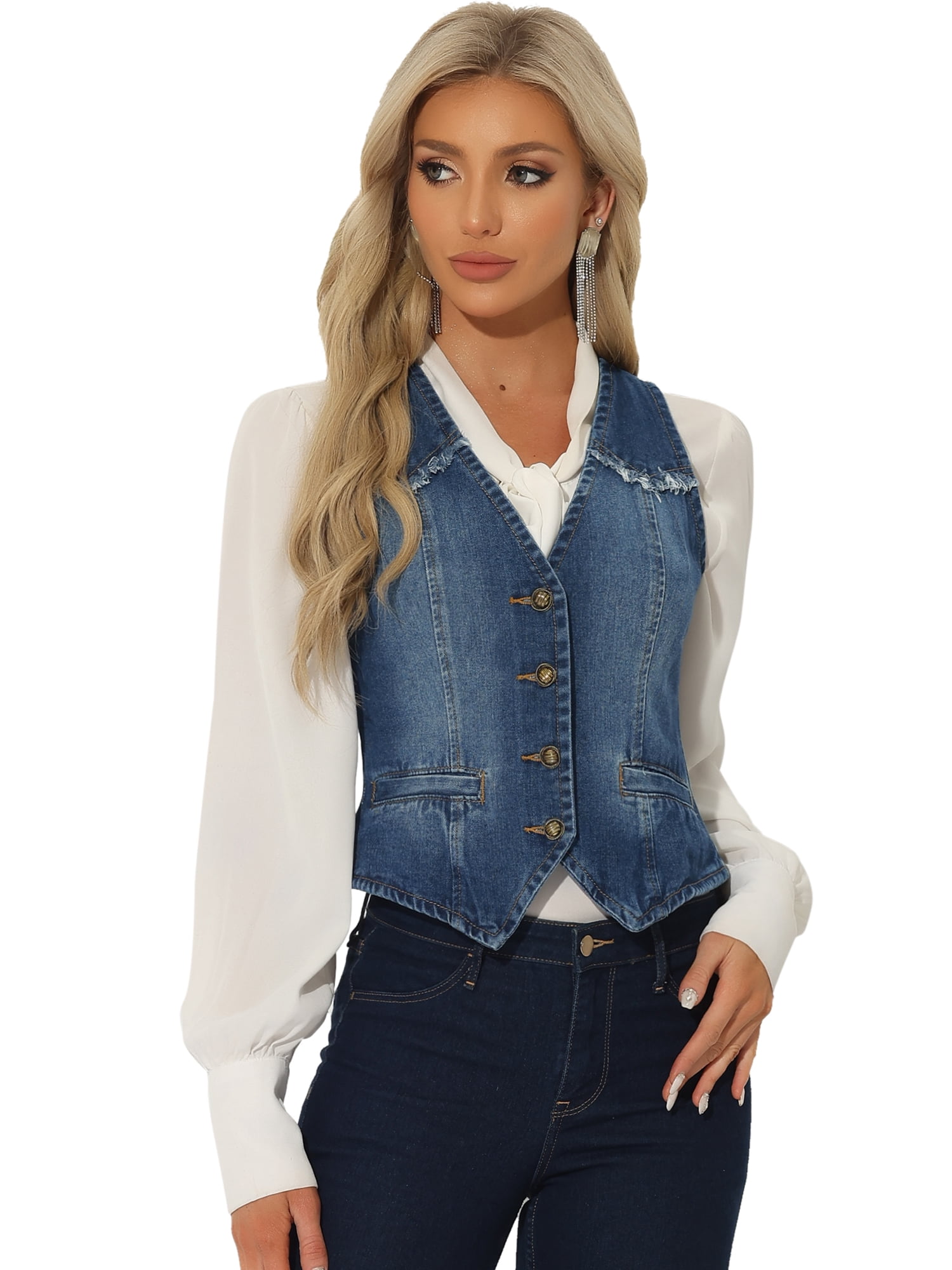 DARING DIVA Women's Denim Vest Washed Distressed Jean Jacket L Dark Blue