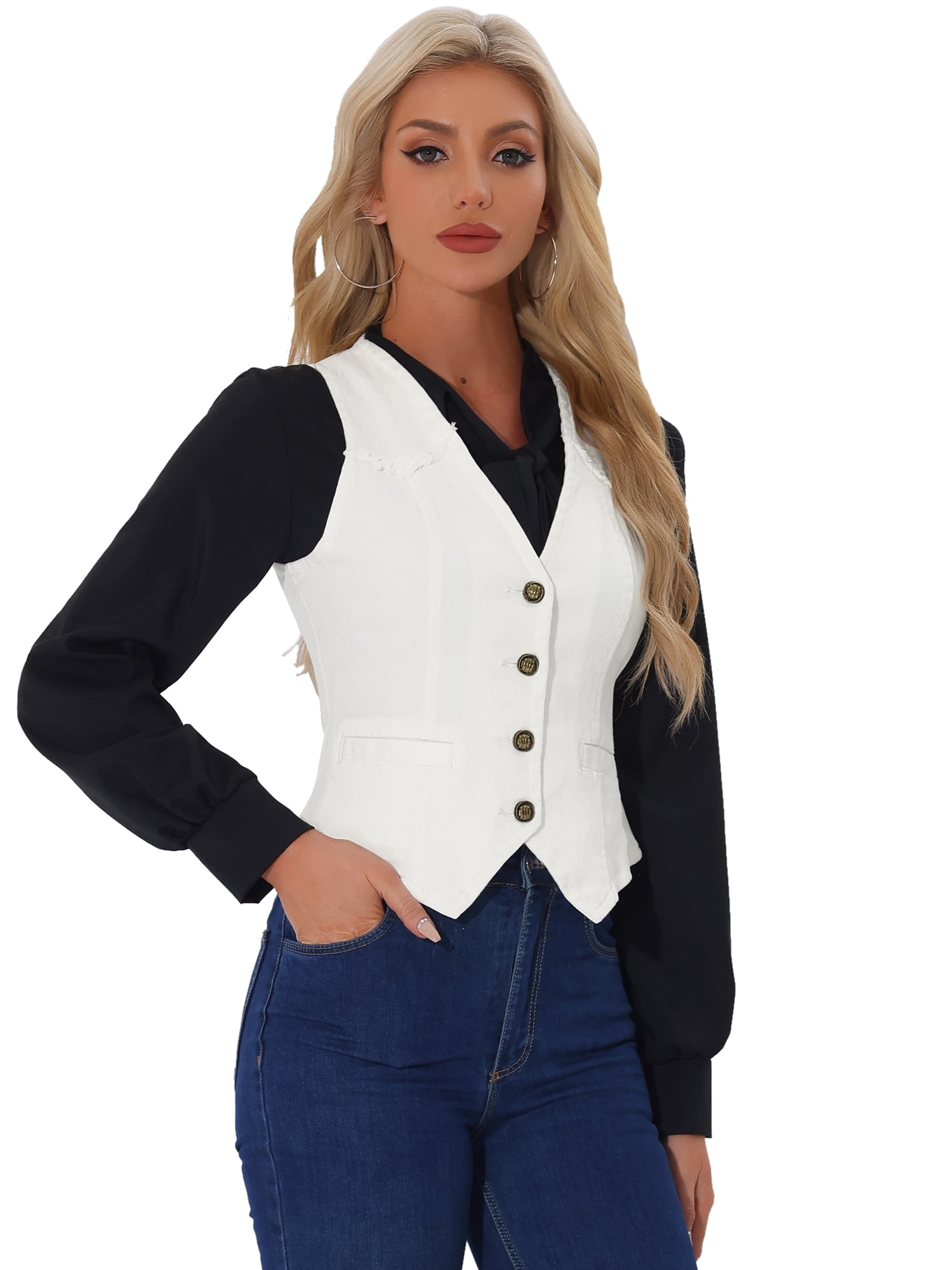 DARING DIVA Women's Denim Vest Washed Distressed Jean Jacket L White