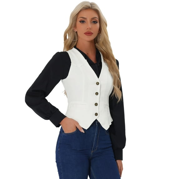 DARING DIVA Women's Denim Vest Washed Distressed Jean Jacket L White