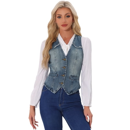 DARING DIVA Women's Denim Vest Washed Distressed Jean Jacket M Gray Blue