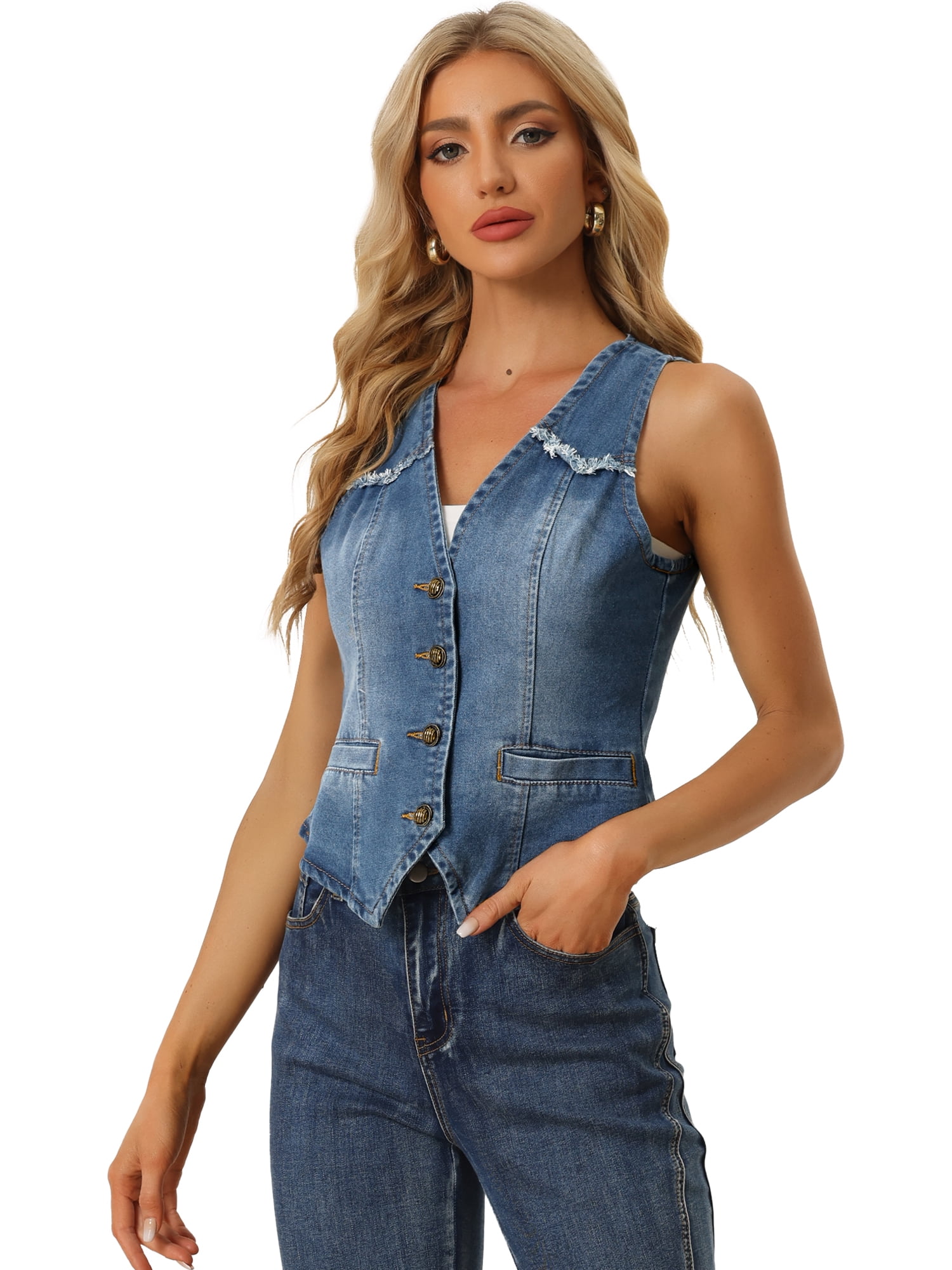 DARING DIVA Women's Denim Vest Washed Distressed Jean Jacket M Sky Blue