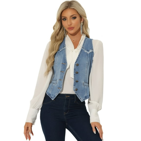 DARING DIVA Women's Denim Vest Washed Distressed Jean Jacket S Light Blue