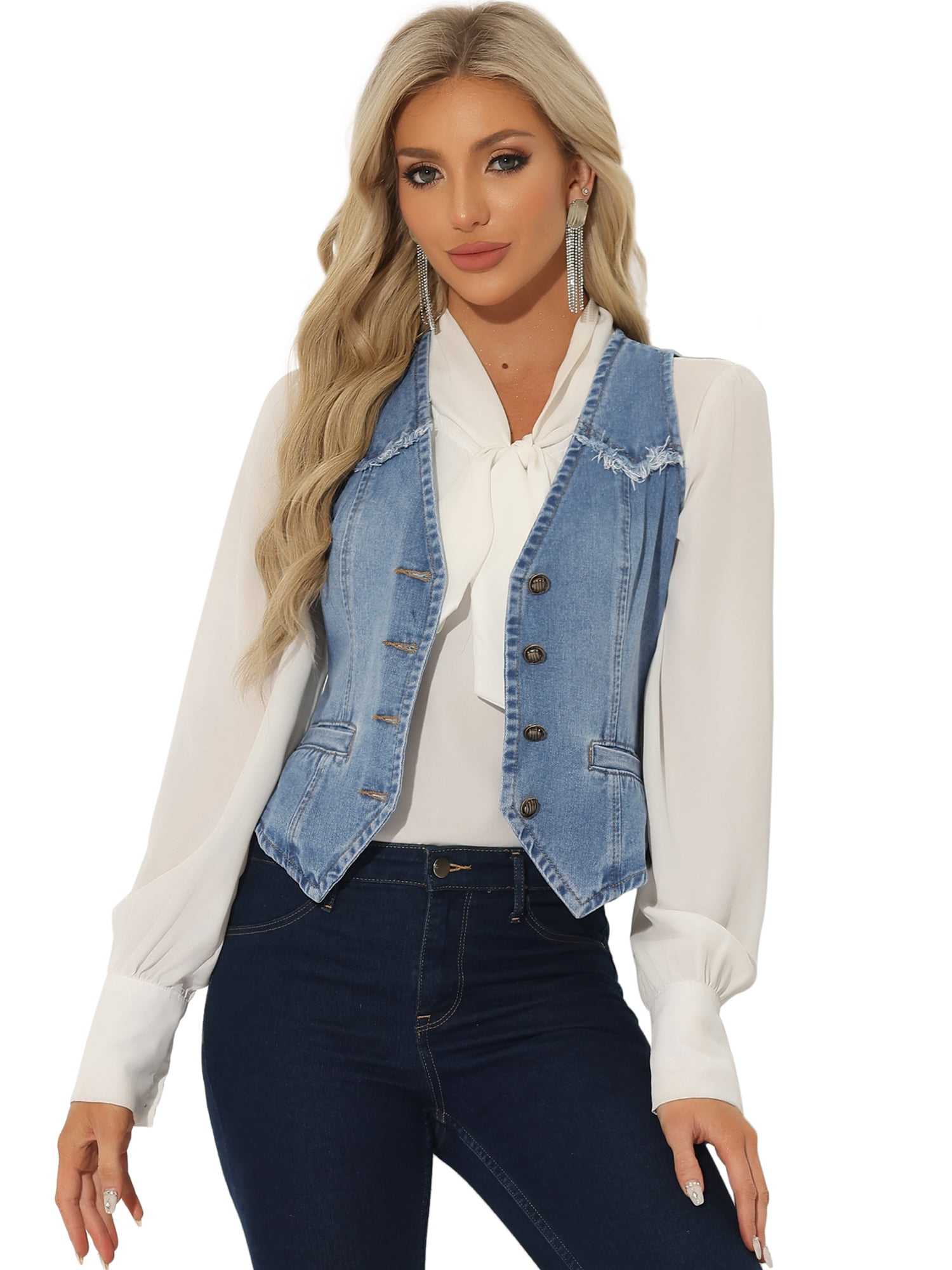 DARING DIVA Women's Denim Vest Washed Distressed Jean Jacket XL Light Blue
