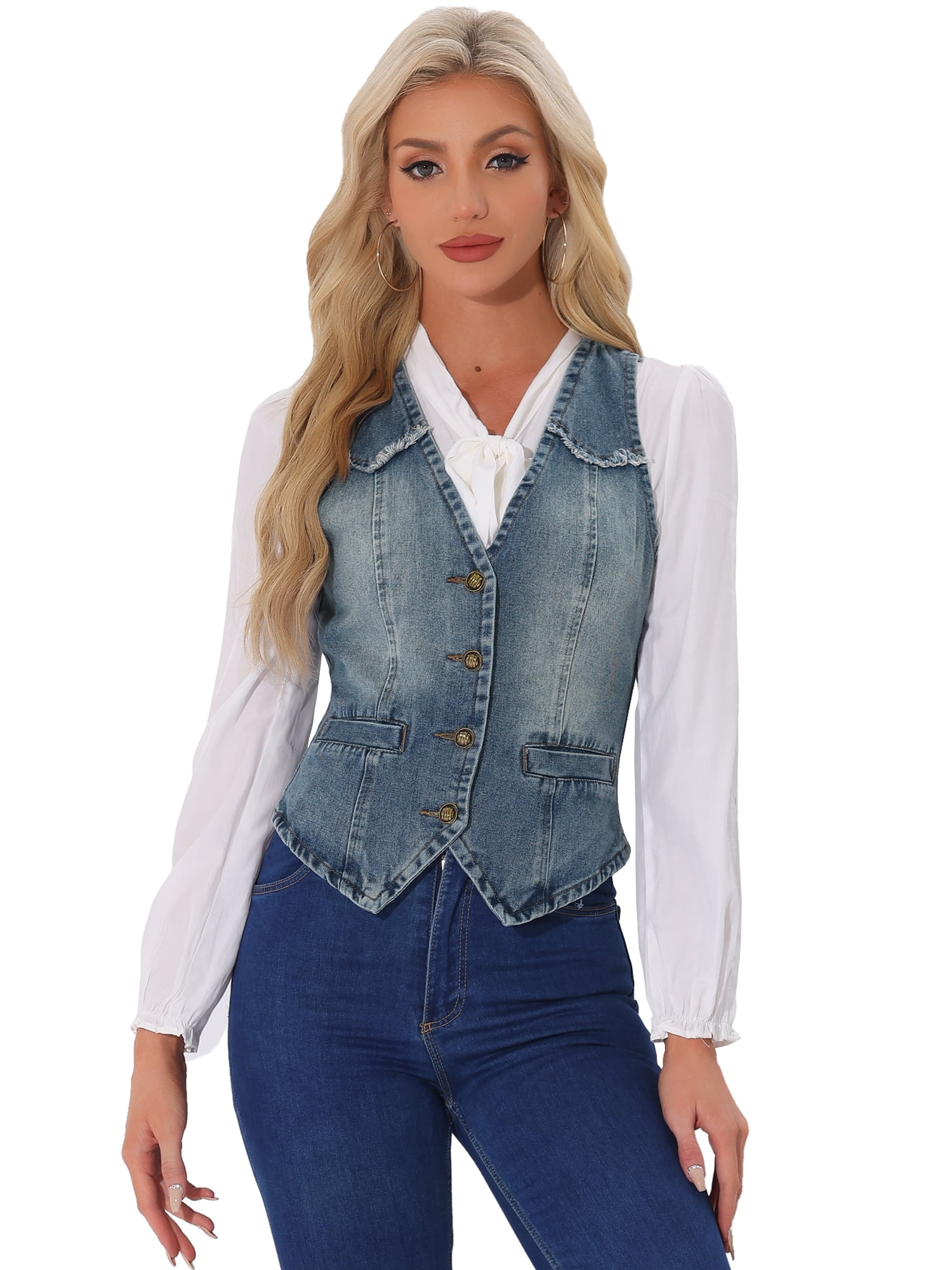 DARING DIVA Women's Denim Vest Washed Distressed Jean Jacket XS Gray Blue