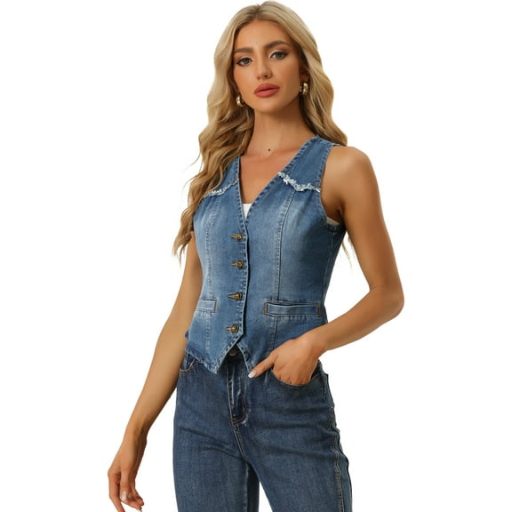 DARING DIVA Women's Denim Vest Washed Distressed Jean Jacket XS Sky Blue