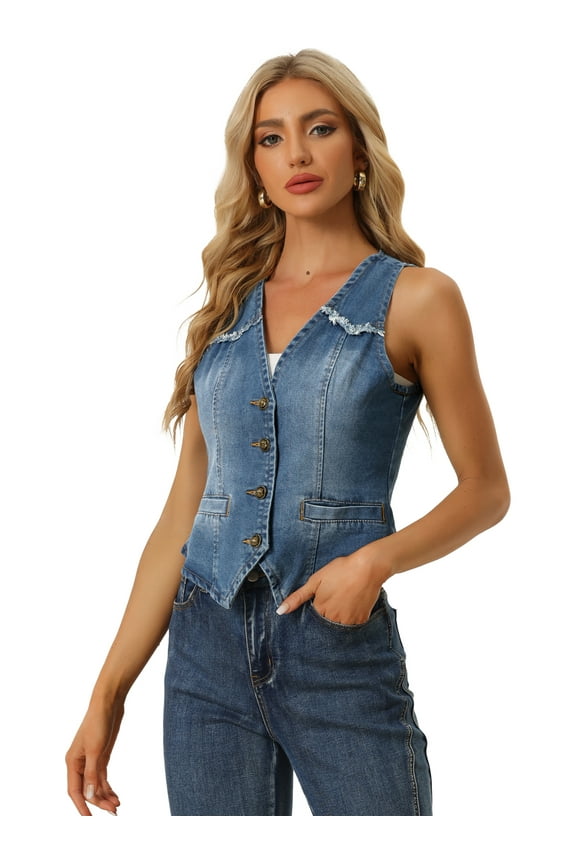 Women's Denim Vest Washed Distressed Jean Jacket XS Sky Blue