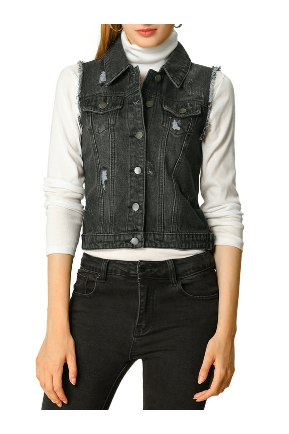 Women's Denim Vests Collared Washed Distressed Jean Vest L Black