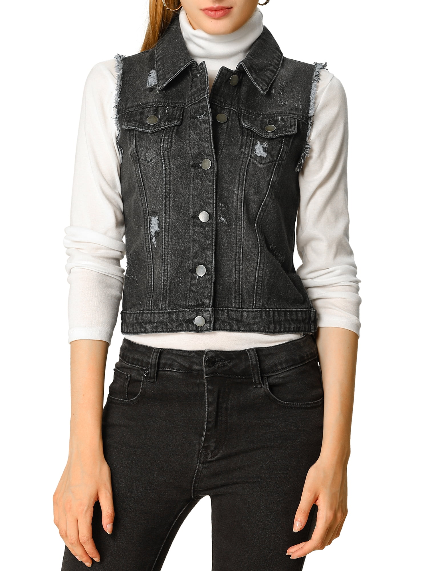 DARING DIVA Women's Denim Vests Collared Washed Distressed Jean Vest XL Black