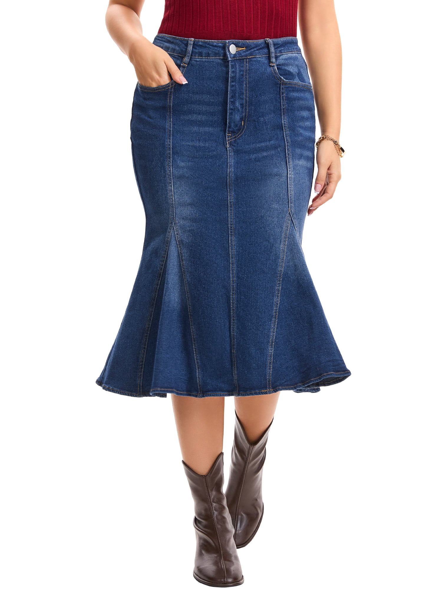 DARING DIVA Women's Denim Washed High Waisted Fishtail Midi Jean Skirt L Deep Blue