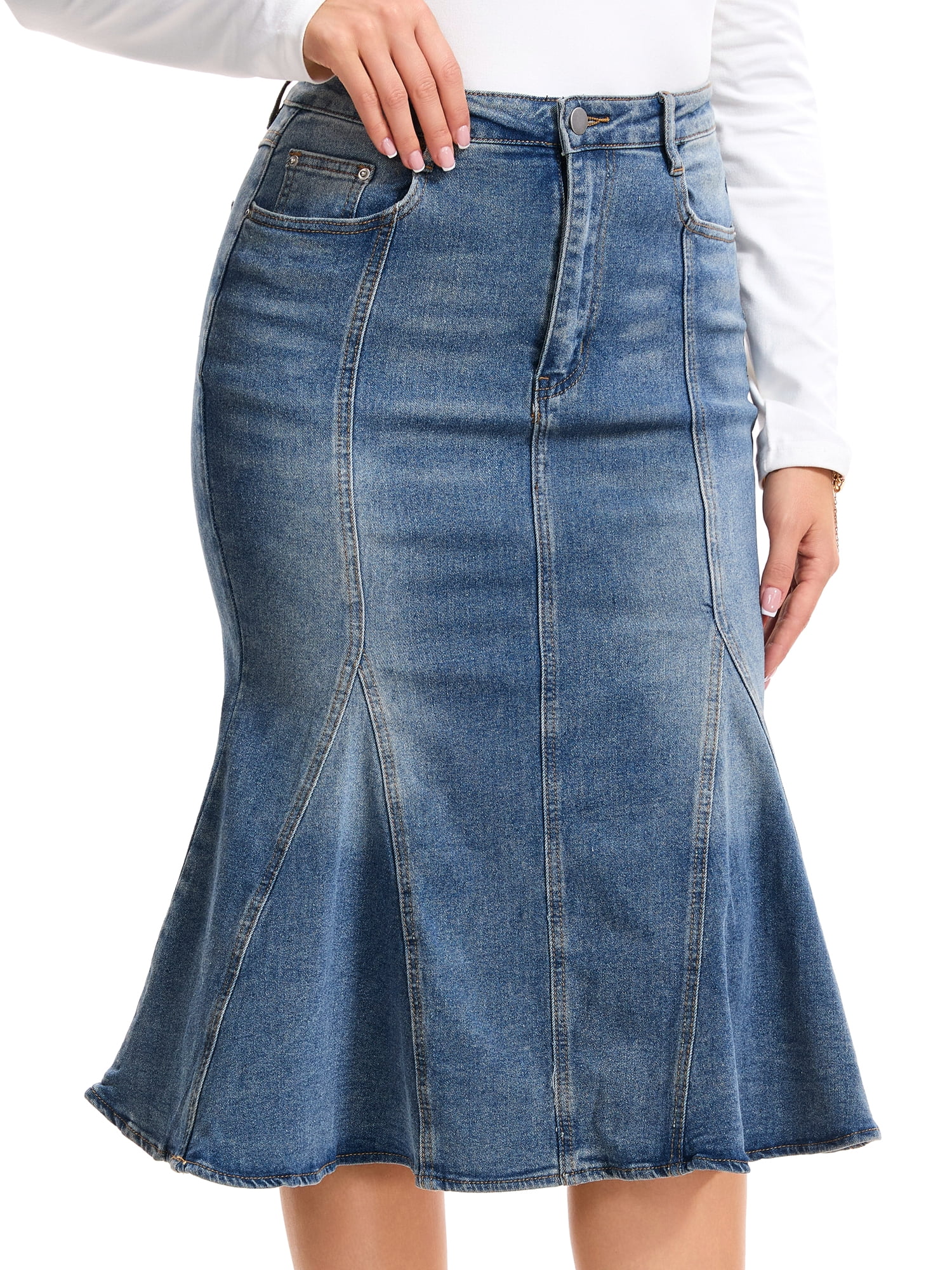 DARING DIVA Women's Denim Washed High Waisted Fishtail Midi Jean Skirt S Gray Blue