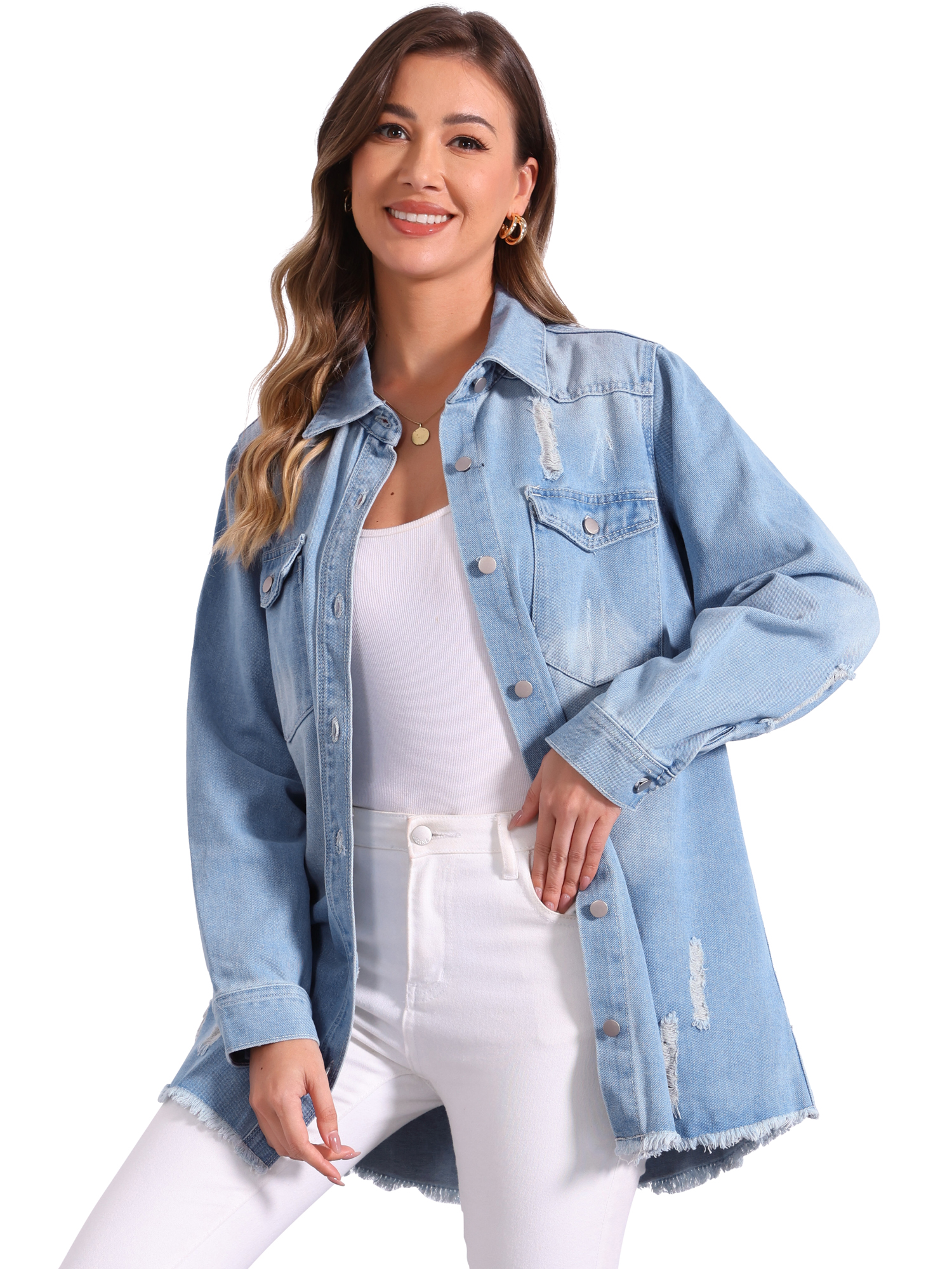 DARING DIVA Women's Distressed Frayed Hem Denim Jacket L Light Blue